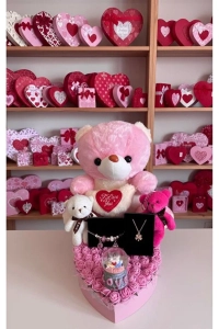 Sevgiliye arkadaşa hediye Büyük peluş 2 adet küçük peluş pandora bileklik yonca kolye kar küresi